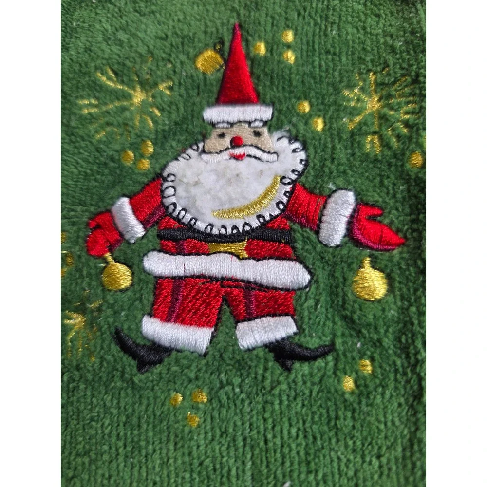 Vintage Christmas Hand Towels Set Santa Tree Embroidered Cotton Red Green